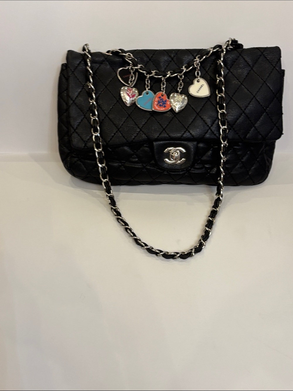 Black Quilted Leather Shoulder Bag with Heart Charm Accents